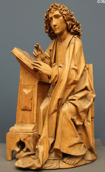 Evangelist John wood carving (1490-2) by Tilman Riemenchneider of Würtzburg at Bode Museum. Berlin, Germany.