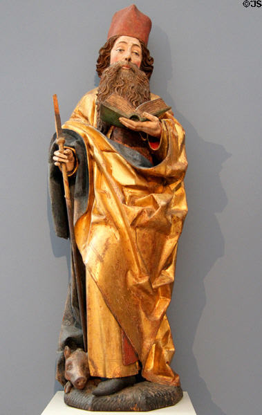 St Anthony with pig wood carving (c1470-80) from Upper Rhein or Switzerland at Bode Museum. Berlin, Germany.