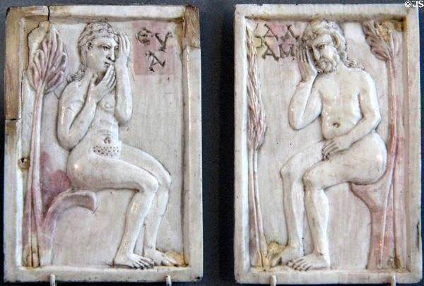 Adam & Eve Byzantine ivory relief panels (11th-12thC) from Eastern Roman Empire at Bode Museum. Berlin, Germany.