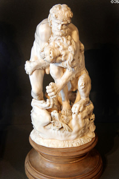 Hercules as Victor against Lernaean Hydra & Nemean Lion ivory carving (before 1695) by Christoph Maucher from Denmark at Bode Museum. Berlin, Germany.