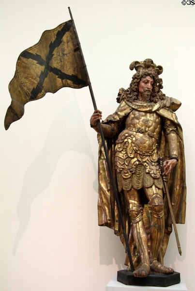 St Sebastian as knight linden wood carving (1638-9) by Martin Zürn at Bode Museum. Berlin, Germany.