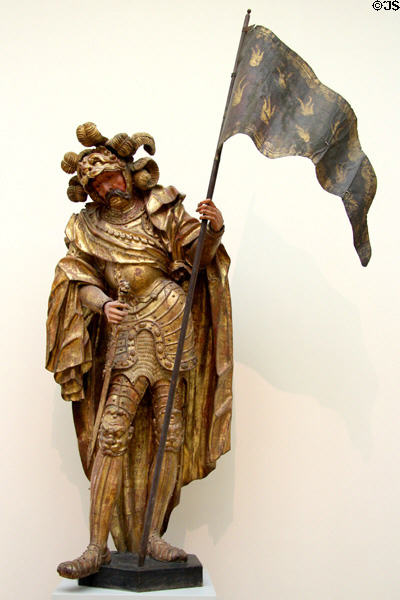 St Florian as knight linden wood carving (1638-9) by Martin Zürn at Bode Museum. Berlin, Germany.
