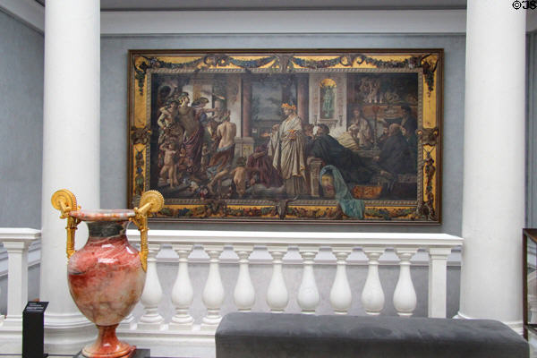 Romantic age painting depicting Greek symposium beyond stone amphora at Alte Nationalgalerie. Berlin, Germany.
