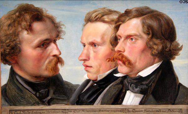 Portrait of painters Karl Friedrich Lessing, Carl Ferdinand Sohn & Theodor Hildebrandt (1839) by Julius Hübner at Alte Nationalgalerie. Berlin, Germany.
