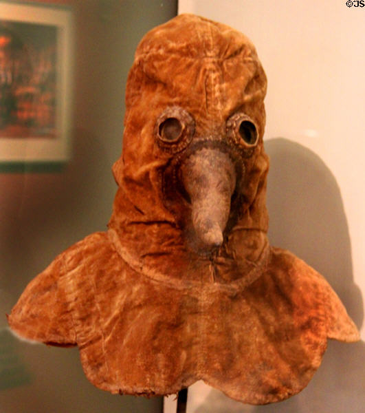 Doctor's plague mask with beak for herbs or sponges of vinegar to filter air (17thC) from Germany or Austria at German Historical Museum. Berlin, Germany.