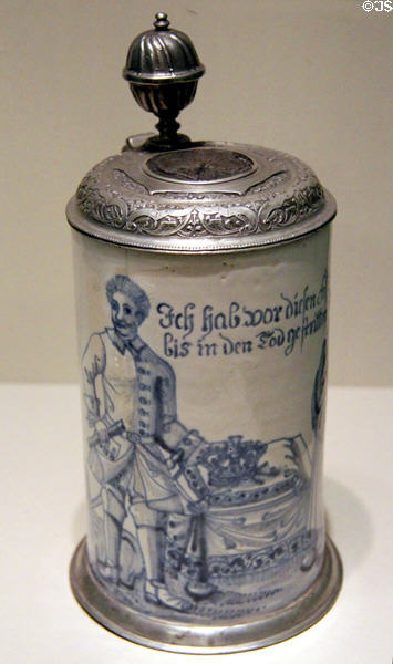 Ceramic & tin tankard noting King Charles XII's support of Lutheran faith (c1720) from Ansbach at German Historical Museum. Berlin, Germany.