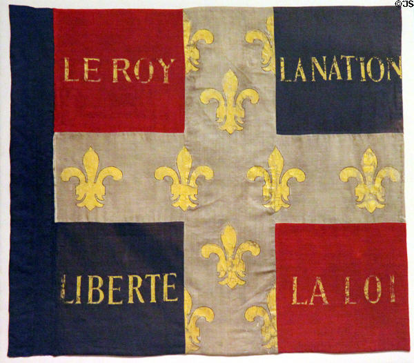 French revolutionary infantry flag (1789-93) from time before king was executed with lilies at German Historical Museum. Berlin, Germany.