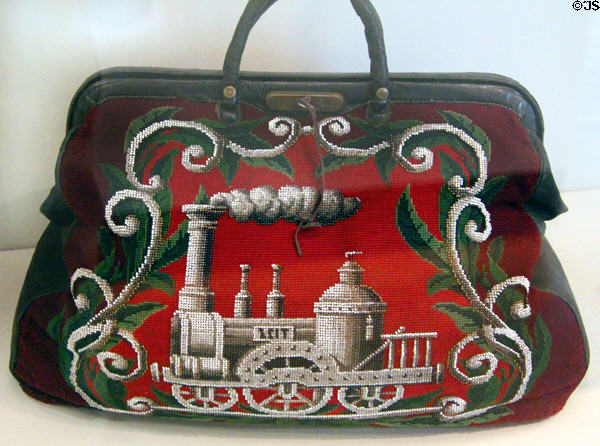 Travel bag embroidered with steam locomotive (1840-50) from Germany at German Historical Museum. Berlin, Germany.