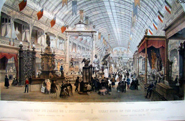 Interior view of Palace of Industry at Paris World Expo of 1855 graphic (1855) by Alfred Guesdon of Paris at German Historical Museum. Berlin, Germany.