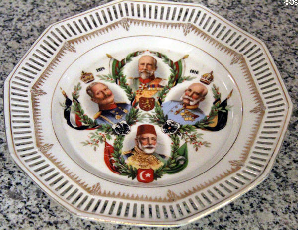 Porcelain Commemorative plate with Wilhelm II, Ferdinand of Bulgaria, Franz Joseph I of Austria-Hungary & Enver Pasha of Turkey (1916) at German Historical Museum. Berlin, Germany.