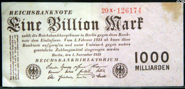 Inflation era German banknote (1923) for one trillion Marks at German Historical Museum. Berlin, Germany.