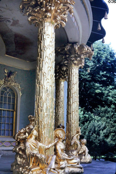 Chinese House gilded columns by Swiss sculptor Johann Melchior Kambly support entrance at Sanssouci Park. Potsdam, Germany.