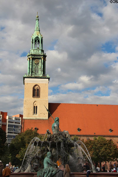 St Mary's Church over Neptune's Fountain. Berlin, Germany.