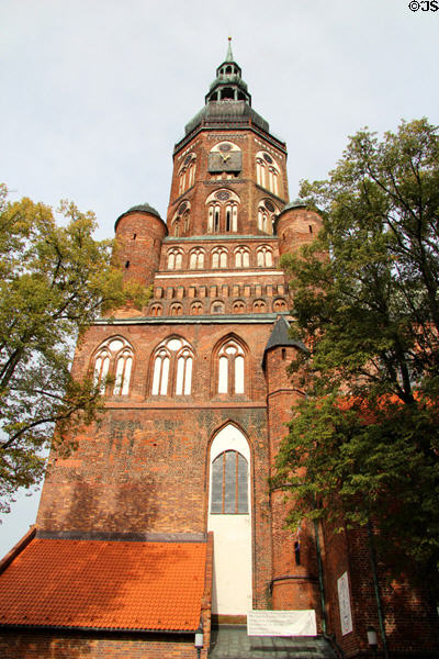 Brick Gothic St Nicholas Church (Dom St Nikolai) tower (15thC). Greifswald, Germany.