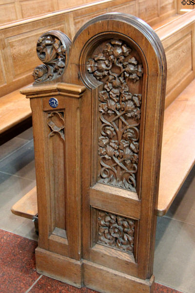 Carving of pew entrance in Köln Cathedral. Köln, Germany.