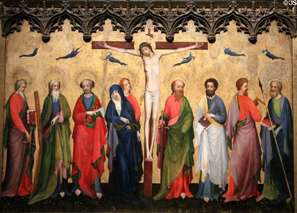Christ on the Cross, between Saints painting (c1415) by Master of St Veronica & Master from St Laurenz in Köln at Wallraf-Richartz Museum. Köln, Germany.