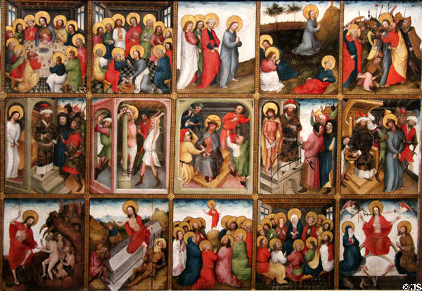 15 scenes from Life & Passion of Christ painting (c1430-35) by Meister der Passionsfolgen in Köln at Wallraf-Richartz Museum. Köln, Germany.