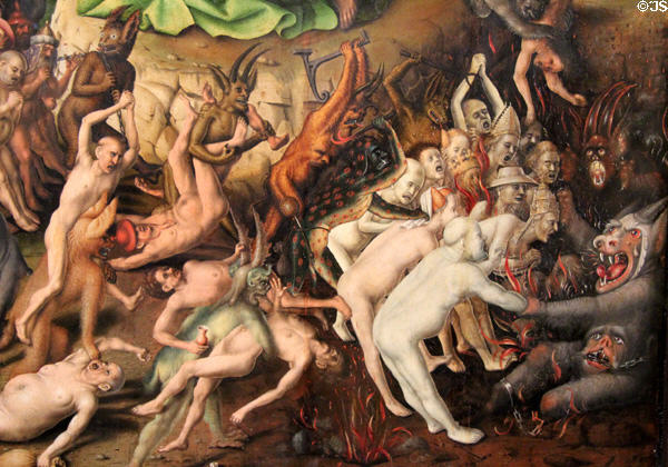 Detail of wicked being tormented by devils of The Last Judgment painting (c1435) by Stefan Locher at Wallraf-Richartz Museum at Wallraf-Richartz Museum. Köln, Germany.