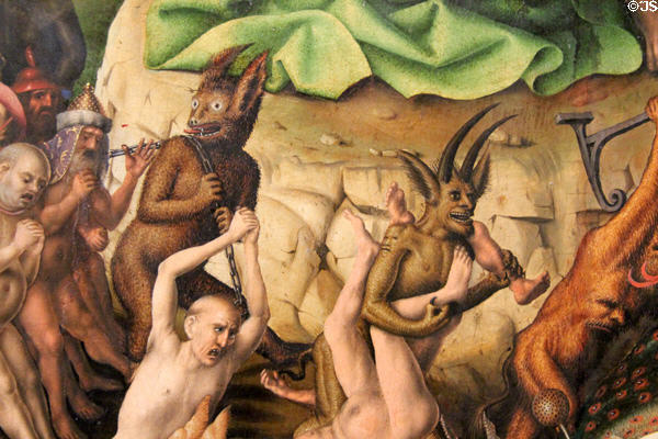 Details of wicked being dragged to Hell by a chain of The Last Judgment painting (c1435) by Stefan Lochner at Wallraf-Richartz Museum at Wallraf-Richartz Museum. Köln, Germany.
