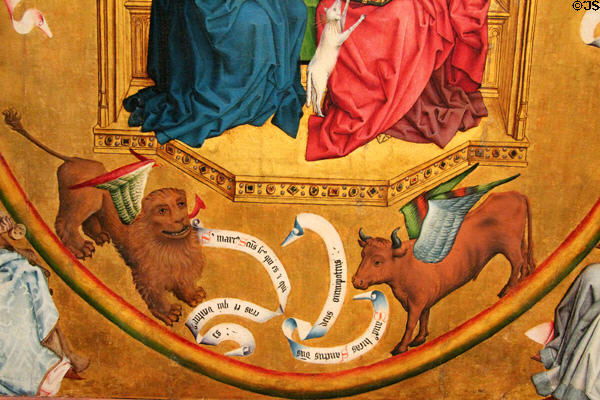 Detail of Lion & Bull representing Evangelists Mark & Luke from Coronation of Mary with 24 Elders painting (1450-75) at Wallraf-Richartz Museum. Köln, Germany.