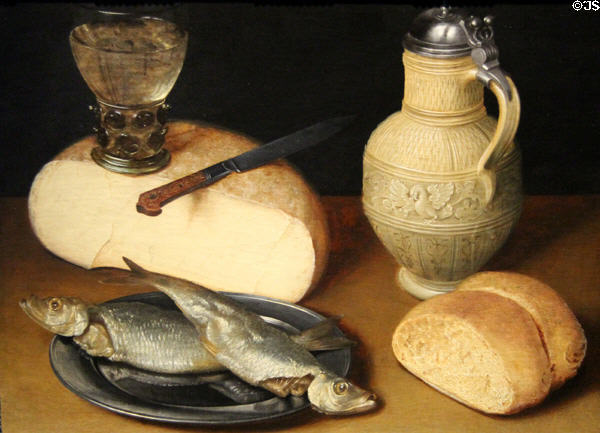 Still Life with Cheese, Fish, Jug & Rummer painting (c1630-40) at Wallraf-Richartz Museum. Köln, Germany.