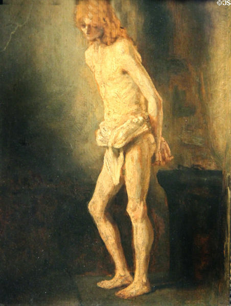 Flagellation of Christ painting (c1646) by Rembrandt van Rijn at Wallraf-Richartz Museum. Köln, Germany.