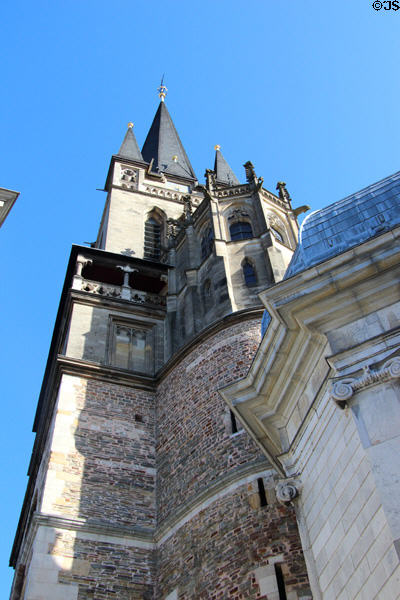 Tower & spire of Aachen Cathedral with Chapel of Hungary in foreground. Aachen, Germany.