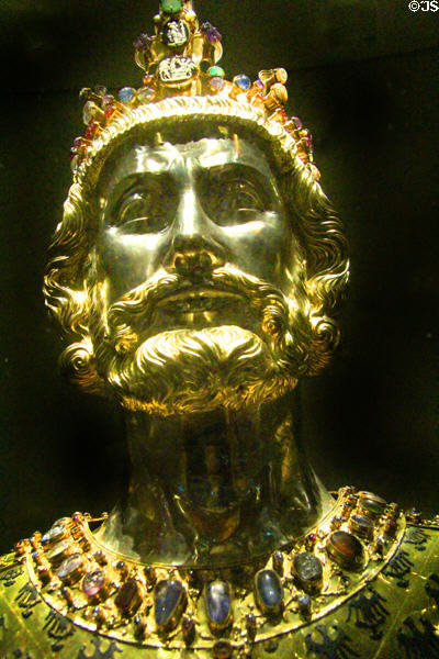 Detail of Silver-gilt bust of Charlemagne (prior to 1349), with precious stones & containing Charlemagne relic at Aachen Cathedral Treasury. Aachen, Germany.