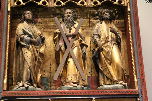 Detail of three Apostles on wing of Mass of St Gregory altarpiece (c1525) at Aachen Cathedral Treasury. Aachen, Germany.