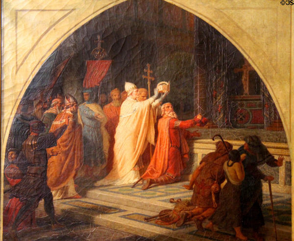 Imperial coronation of Charlemagne by Pope Leo III at Old St Peter in Rome painting (1856) by Joseph Kehren after Alfred Rethes at New Aachen City Museum. Aachen, Germany.