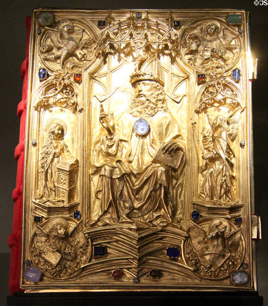 Ornate Imperial Gospel Book with symbols of the four evangelists in corners of the cover (795) (copy) at New Aachen City Museum. Aachen, Germany.