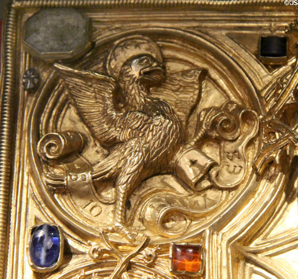 Eagle, symbol of Evangelist John, on cover of Imperial Gospel Book (795) at New Aachen City Museum. Aachen, Germany.