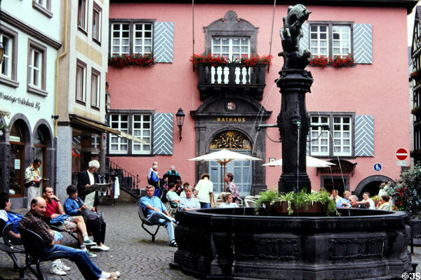 Town hall (1739) & courtyard fountain with statue of St Martin on Horseback (1935). Cochem, Germany.