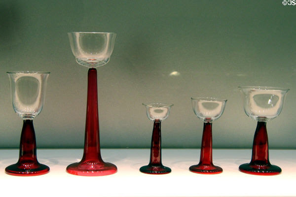 Set of ruby glasses designed for Behrens household (1901) made by Rheinische Glashütten AG of Köln-Ehrenfeld at Hamburg Decorative Arts Museum. Hamburg, Germany.
