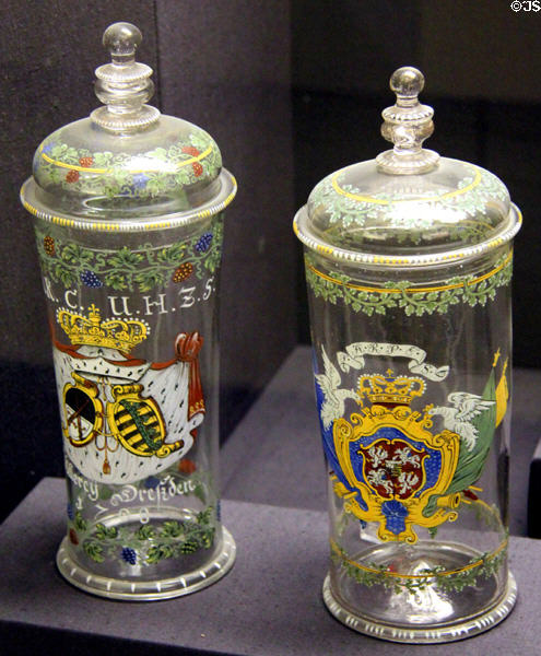 German-Bohemian enameled glass humpen (1708 & late 18thC) at Hamburg Decorative Arts Museum. Hamburg, Germany.