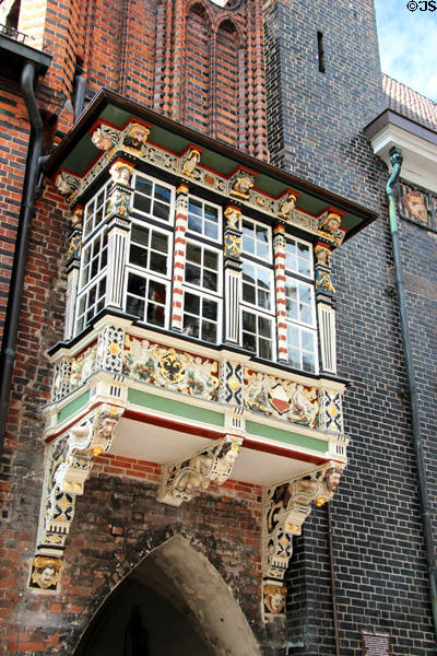 Renaissance oriel window (1586) to Breite Straße on narrow side of first porch at Lübeck Rathaus. Lübeck, Germany.