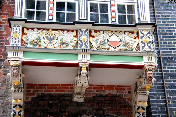Detail of carvings on Renaissance oriel window (1586) to Breite Straße at Lübeck Rathaus. Lübeck, Germany.