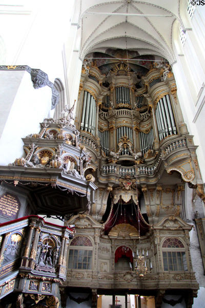 Organ beside pulpit at St Mary's Church. Rostock, Germany.