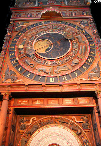 Time, date, moon phases & month dials of Medieval astronomical clock (1472) at St Mary's Church. Rostock, Germany.