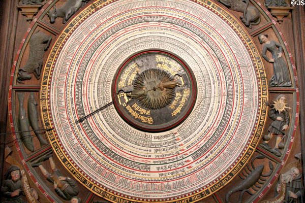 Calendar face of Medieval astronomical clock (1472) at St Mary's Church. Rostock, Germany.