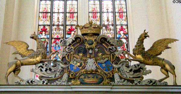 Coat of arms with Griffins at St Mary's Church. Rostock, Germany.