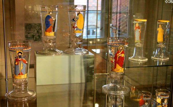 Lohgerber enameled glass beakers (1st half 18thC) feature 12 apostles at Cultural History Museum. Rostock, Germany.