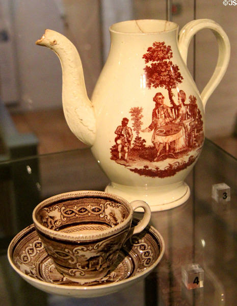 Ceramic coffeepot (1856-60) plus cup & saucer (after 1830) by Fell & Co of England at Cultural History Museum. Rostock, Germany.