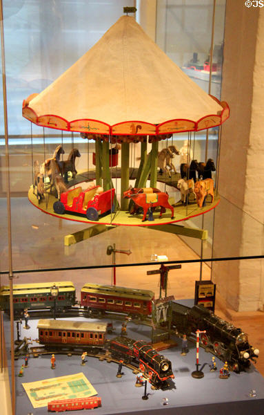 Toy carousel & trains at Cultural History Museum. Rostock, Germany.