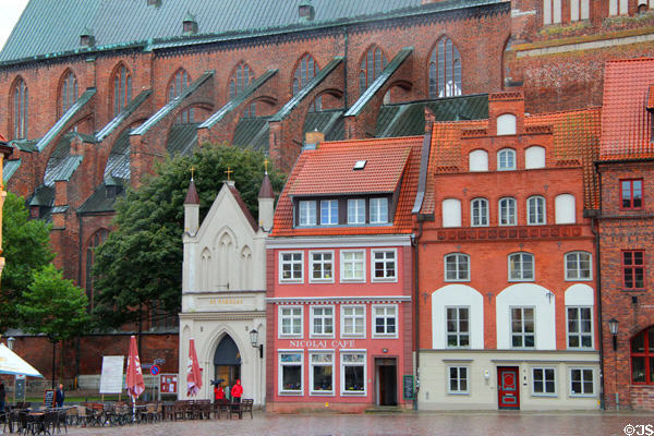 Old Market Square Germanic buildings with flying buttresses of St Nicholas' Church. Stralsund, Germany.