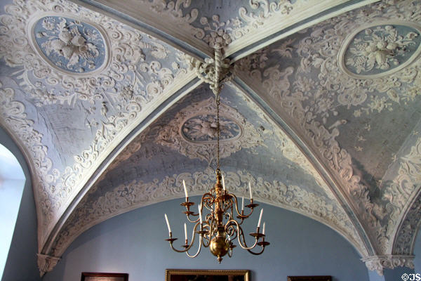 Fine stucco ceiling in Blue Hall (1620-1700) at Gottorf Palace. Schleswig, Germany.