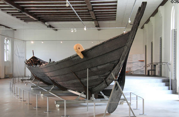 Nydam ship (c320 CE, found in bog 1863) rowing-galley which predates Viking ships at Schleswig Holstein State Museum at Gottorf Palace. Schleswig, Germany.