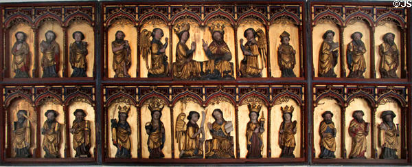 Carved double arcade altar centered by Annunciation & Crowning of Mary surrounded by Saints & Apostles (c1430-40) by South Schleswig Master at Schleswig Holstein State Museum. Schleswig, Germany.