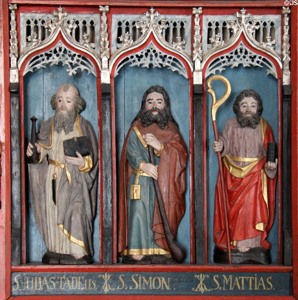 Jude Thaddeus, Simon & Matthias Apostle figures from wooden Crucifixion altar (c1460) at Schleswig Holstein State Museum. Schleswig, Germany.