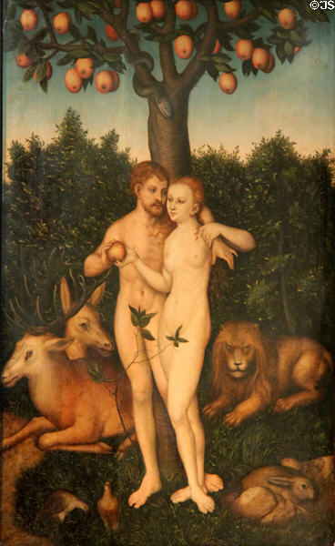 Fall of Man (Adam & Eve) painting (1521) by Lucas Cranach the Elder at Schleswig Holstein State Museum. Schleswig, Germany.